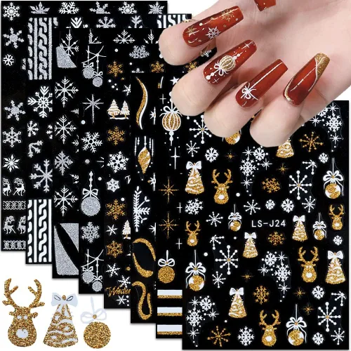 Miniatura 9 de Calcomanías de uñas de Navidad, calcomanías de uñas de invierno 3D, autoadhesivas, coloridas, cadena de luces, árbol de Navidad, reno, diseño