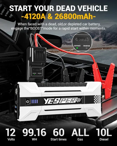 Miniatura 2 de YESPER 4120A Arrancador de Batería Portátil, Arrancador de Batería de Coche de 12V (Todo Gas, hasta 10.0L de Motor Diesel), Paquete de Impulso