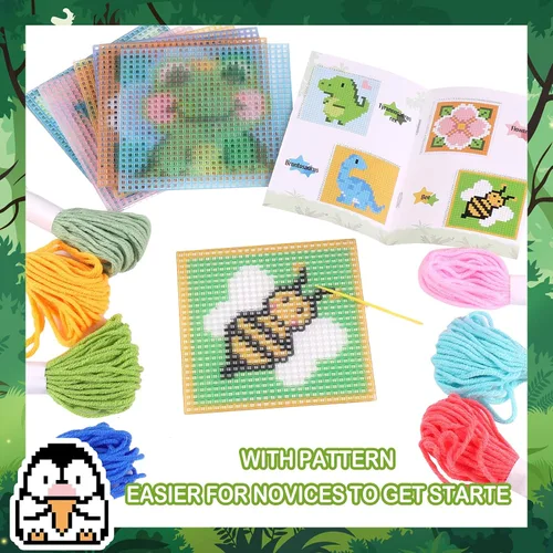 Miniatura 3 de Pllieay Kit de punto de cruz principiante 10 en 1 para niños, kit de bordado incluye 10 piezas de lienzo de malla plástica con patrón, 15 hilos, 5