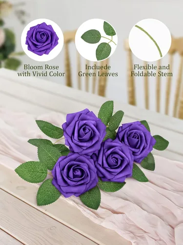 Miniatura 3 de MACTING Flores Artificiales Moradas 30 Piezas Rosas Falsas con Tallo Tacto Real Rosas de Espuma Suave para Regalos del Día de San Valentín Ramo