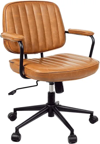 Miniatura 8 de Silla de oficina moderna de mediados de siglo, silla de escritorio ergonómica de piel sintética con ruedas y brazos, silla giratoria ajustable