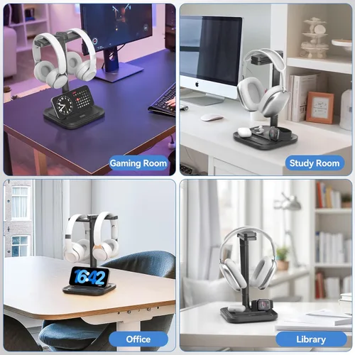 Miniatura 8 de KDD Soporte doble para auriculares para escritorio, colgador giratorio para auriculares con soporte para teléfono, base antideslizante extraíble