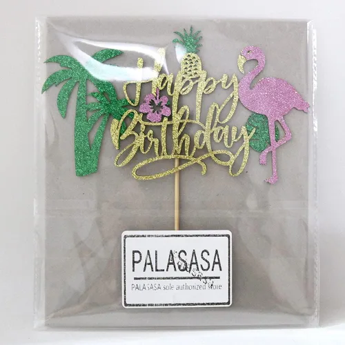 Miniatura 3 de PALASASA Decoración para tartas de cumpleaños con flamenco con purpurina, temática hawaiana de piña tropical Luau para niños y niñas, suministros