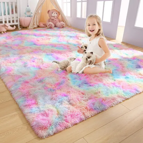 Miniatura 15 de AROGAN Alfombras de área suaves de arco iris para habitación de niñas de 6x9 pies, alfombras esponjosas de dormitorio para niñas, alfombra