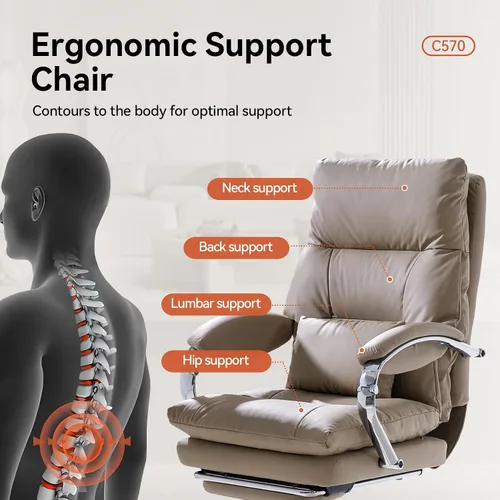 Miniatura 4 de LEAGOO Silla de oficina reclinable con reposapiés, sillas de oficina ejecutivas con brazos, ergonómicas de cuero sintético con respaldo alto, Caqui