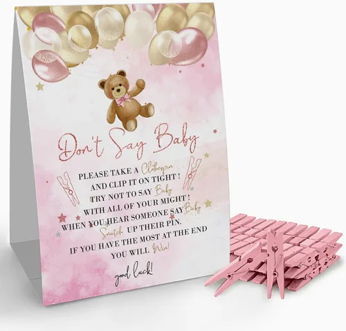 Cartel de juego Don't Say Baby Clothespin (1 letrero + 50 mini pinzas para la ropa), juego de decoración de baby shower con globo de oso rosa rosa