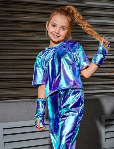 Miniatura 4 de Perfashion Camisas metálicas para niñas con mangas de brazo, top corto brillante para baile, raves, festivales, disfraces de 4 a 15 años