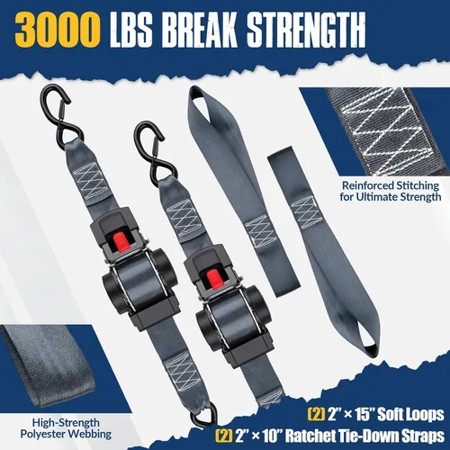 Miniatura 3 de Paquete de 2 correas retráctiles de trinquete, 2 pulgadas x 10 pies, 3,000 libras de resistencia a la rotura, correas de amarre de trinquete