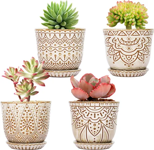 Miniatura 7 de Gepege Macetas para suculentas, maceta pequeña de cerámica para interiores de 4 pulgadas con agujeros de drenaje y platillos para plantas, color Azul