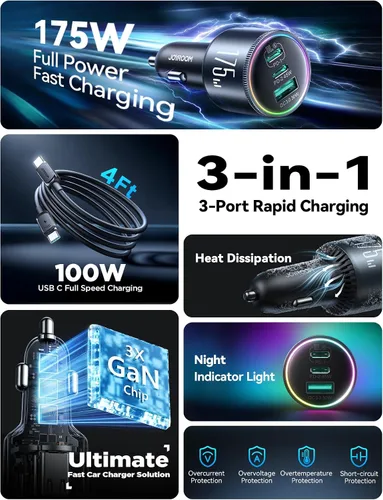 Miniatura 4 de JOYROOM Cargador de coche de 175 W USB C de carga rápida [GaN] Cargador de encendedor de cigarrillos de coche de 3 puertos con cable USBC, cargador