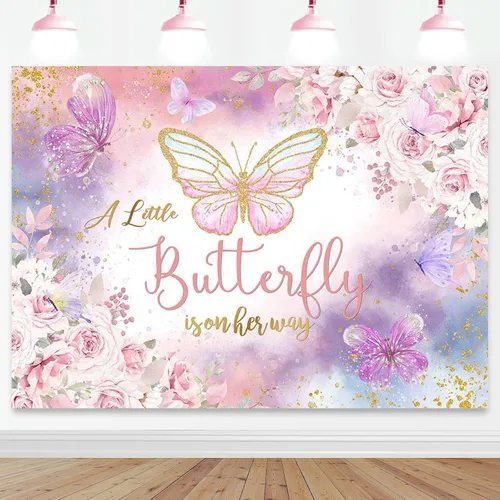 Miniatura 7 de Mocsicka Telón de fondo floral de mariposa para baby shower, acuarela rosa y morado floral, A Little Butterfly is On Her Way Girl Baby Shower