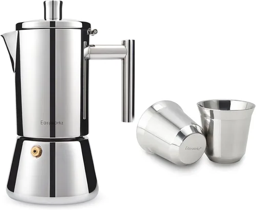 Easyworkz Diego - Máquina de café expreso para estufa, paquete con taza de café expreso de acero inoxidable, juego de 2 tazas de metal con