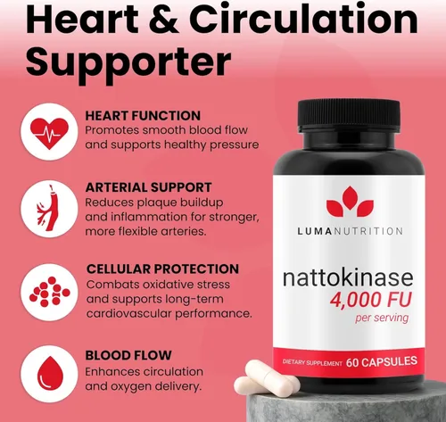 Miniatura 7 de Luma Nutrition Suplemento de Nattokinase - Natto 4000 FU por porción, soporte premium para la salud del corazón - Vegano y sin gluten - 60 cápsulas