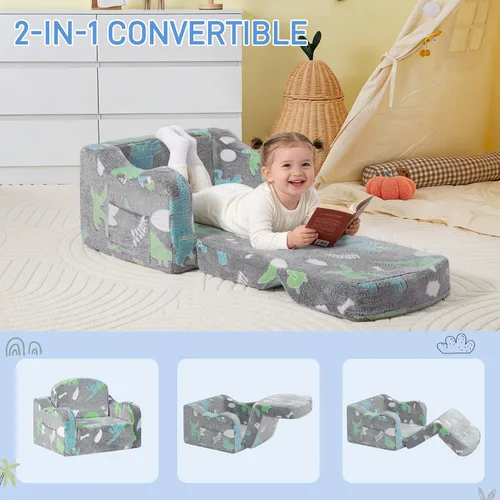 Miniatura 4 de aodisman Silla y sofá grueso y cómodo para niños, sofá plegable de felpa suave 2 en 1 para niños, sofá convertible a tumbona para niños pequeños