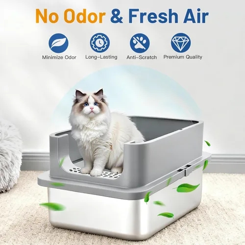 Miniatura 4 de Jotesnew Paquete de 2 Cajas de Arena para Gatos de Acero Inoxidable XL con Tapa y Lados Altos, 24" L x 16" A x 12" Al Cajas de Arena de Metal Extra