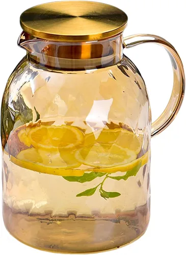 AEFPOYMXU Jarra de vidrio ámbar de 64 onzas con tapa y boquilla, jarra de agua de borosilicato, jarra de agua de noche, jarra de vidrio vintage para