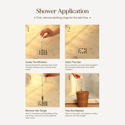 Miniatura 4 de DrainWig Atrapapelos para Desagüe de Ducha – Flor Blanca Desechable (Paquete de 2) – Eliminación de Cabello Sin Contacto para Desagües de Ducha