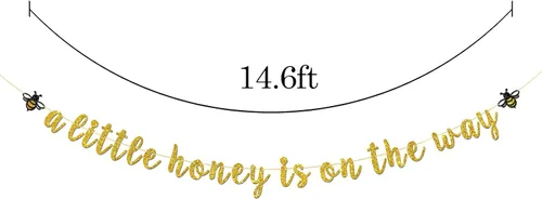 Miniatura 2 de Cartel con texto en inglés "A Little Honey is on The Way" con purpurina dorada con temática de abejorros y abejas, revelación de género, decoración