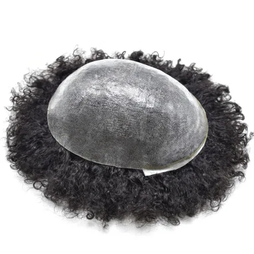 Miniatura 5 de LYRICAL HAIR Afro Curly Mens Toupee Afro American Hair System Replacement 10X8 All Injected Poly Skin PU Afro ondulado 6MM Curl Hairpiece #1 Jet