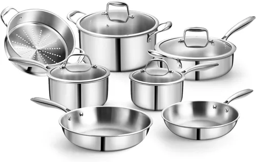 Juego de 11 piezas de ollas y sartenes, juego de utensilios de cocina de acero inoxidable 18/10, compatible con inducción, revestimiento libre de