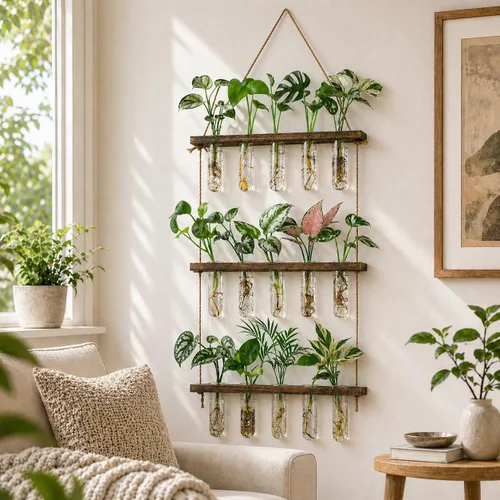 Miniatura 6 de Estación de Propagación de 3 Niveles Grandes para Pared, Terrario de Plantas con Soporte de Madera, Tubo de Prueba Retro para Plantas Hidroponías