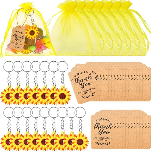 Bucherry 300 piezas de recuerdos de fiesta incluyen llavero, bolsas de organza y etiquetas de papel kraft de agradecimiento 100 cada una para