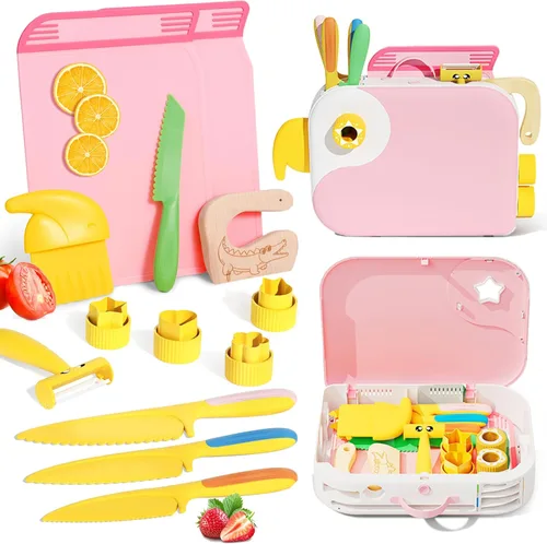 Herramientas de Cocina Montessori para Niños Pequeños, Cuchillo para Niños para Cocina Real, Juego de Cuchillos para Niños Pequeños con Caja de Rosa