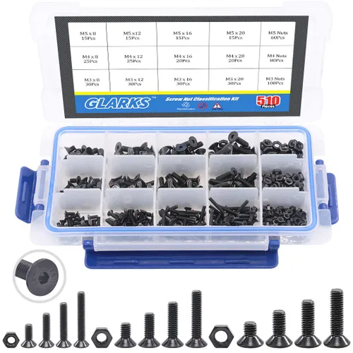 Miniatura 9 de Glarks 510 piezas M3 M4 M5 Juego surtido de tornillos de cabeza avellanada con agujero hexagonal para llave Allen y tuercas de acero de aleación