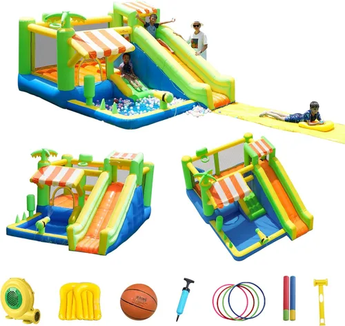 Miniatura 11 de Casa inflable de rebote de tobogán acuático para niños, casa inflable para patio trasero con tobogán acuático para regalo (ventilador incluido)