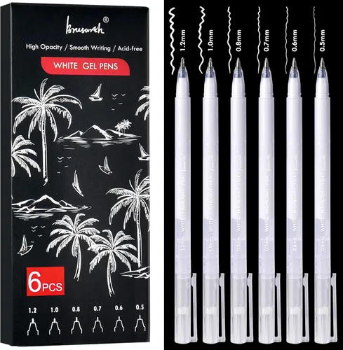 Brusarth Juego de bolígrafos de gel blanco de punta fina, 6 tamaños para dibujo de artistas, bocetos, ilustraciones, bolígrafo de tinta blanca opaca