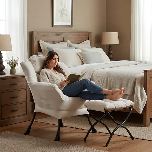 Miniatura 5 de Welnow Silla Lazy con otomana, moderna silla de lectura con reposabrazos y un bolsillo lateral, juego de sofá perezoso tapizado de ocio con Beige