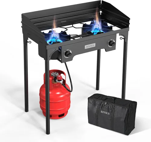 Miniatura 8 de ROVSUN Estufa de gas de propano portátil para exteriores con 2 quemadores, 150,000 BTU de alta presión, estufa de pie para cocinar en el patio