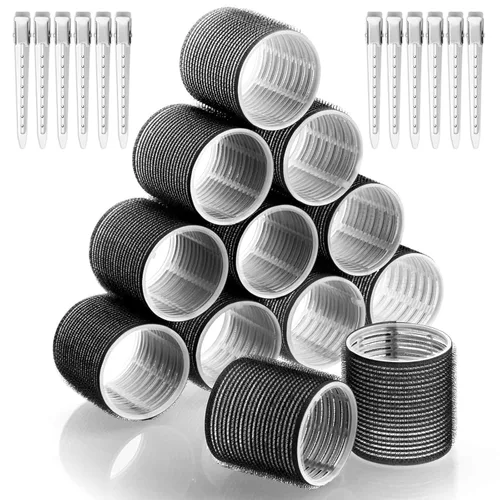 Rulos para el cabello Jumbo, 12 piezas de rulos para el cabello con autoagarre y 12 clips de pico de pato de acero inoxidable para volumen de Negro