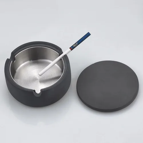 Miniatura 3 de FREELOVE CUILV - Cenicero de concreto con tapa y revestimiento de acero inoxidable, cenicero geométrico de cemento Wabi-Sabi para uso en interiores