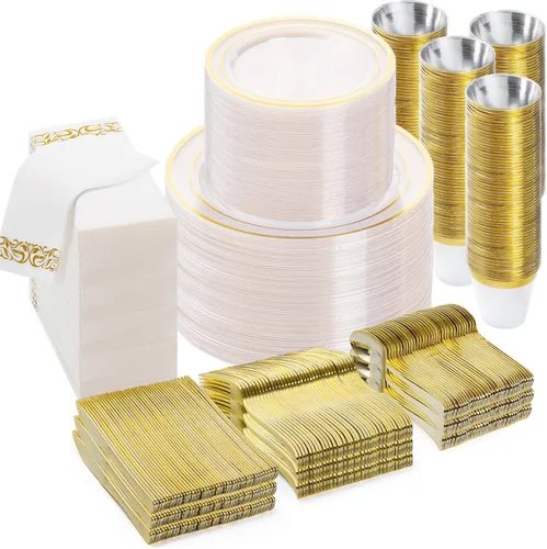 BESTVIP Juego de vajilla desechable de 700 piezas en color dorado claro para 100 invitados, platos de plástico para fiesta, boda, Navidad, Incluye: