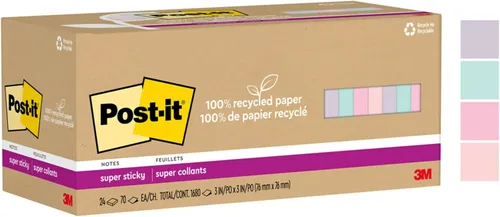 Miniatura 12 de Post-it - Notas superadhesivas de papel 100% reciclado, 3 x 3 pulgadas, 24 blocs, 70 hojas por bloc, pasteles Wanderlust, suministros de regreso a