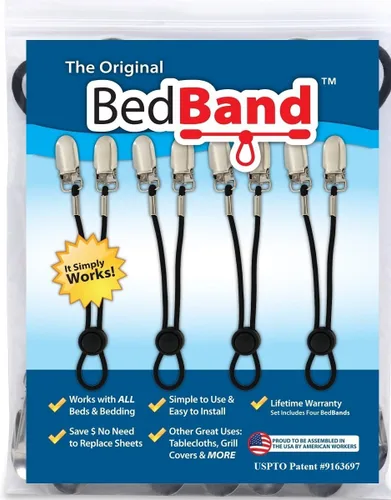 Bed Band no fabricado en China. 100% ensamblado por trabajadores estadounidenses. Sujetador de sábanas, agarre, tirantes y correa. Alisa cualquier