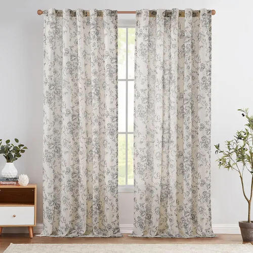 Miniatura 72 de Jinchan Cortinas de Mezcla de Lino con Estampado Floral para Sala de Estar, 84 Pulgadas de Largo, Cortinas con Bolsillo para Varilla y Tab Trasera