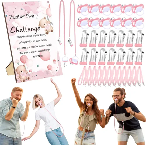Miniatura 22 de Geelin Juego de 12 juegos de chupete con columpio para baby shower, juegos divertidos de revelación de género, incluye 1 letrero de madera y 12