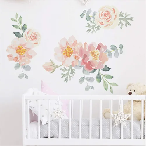 ROFARSO Pegatinas de pared de flores, acuarela, naranja y rosa, peonía natural, plantas, vinilo, extraíble, despegar y pegar, calcomanías de pared