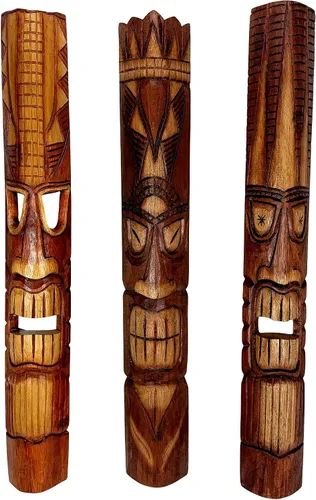 Miniatura 6 de Zeckos Juego de 2 máscaras de pared Tiki de madera tallada a mano, 39 pulgadas de alto, acabado envejecido pintado, esculturas de pared para sala