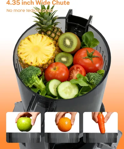 Miniatura 2 de Kndko Exprimidor de prensa en frío con canal de alimentación de 4.35 pulgadas de ancho, máquina de masticación lenta para frutas y verduras enteras