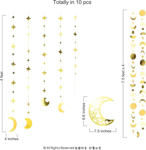 Miniatura 2 de Cheerland Guirnaldas de Estrella y Luna de Oro para Decoración de Fiesta en la Luna Decoraciones de Cumpleaños Celestiales Guirnalda Colgante