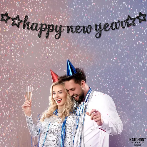 Miniatura 7 de KatchOn, Cartel de feliz año nuevo con purpurina negra – 10 pies, sin bricolaje Cartel negro de feliz año nuevo Suministros para fiesta de Año