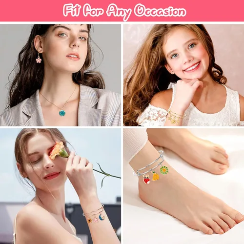 Miniatura 6 de UPINS 30 pulseras de plata expandibles en blanco, pulseras de alambre ajustables con 100 dijes de plata tibetana, 200 anillos abiertos para hacer