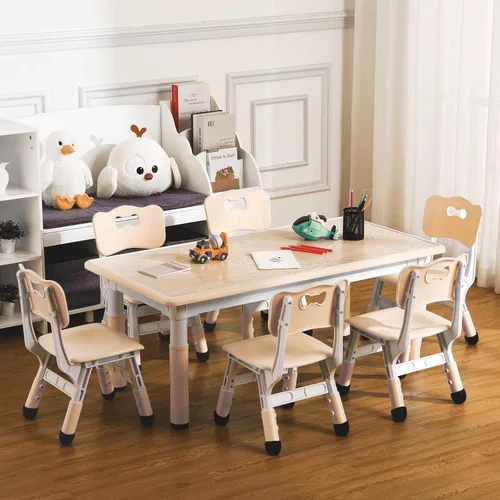Juego de mesa y silla para niños, altura ajustable, mesa de artes y manualidades y juego de 6 sillas para edades de 2 a 10 años, máximo 300 libras,