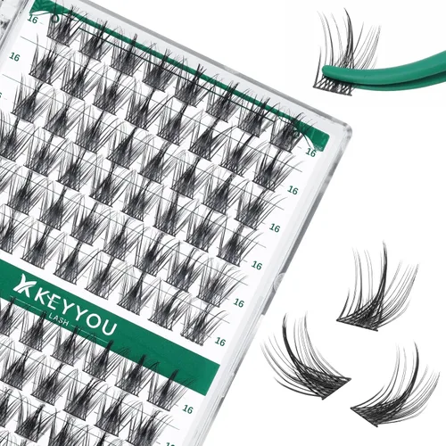 Miniatura 51 de KEYYOU Racimos de pestañas, 96 piezas de extensiones de pestañas DIY, rizado D de 16 mm, negro, realista, no irritante, fácil de colocar en casa