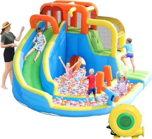 Miniatura 12 de Casa inflable de rebote de tobogán acuático para niños, casa inflable para patio trasero con tobogán acuático para regalo (ventilador incluido)