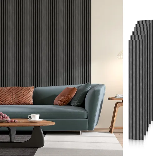 Miniatura 21 de Paquete de 6 paneles de pared de madera acústica, 94.5 x 8 pulgadas cada uno panel de pared insonorizado, paneles de listones de madera estriada 3D
