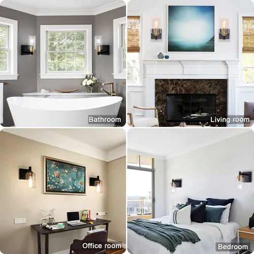 Miniatura 5 de Juego de dos apliques de pared negros y dorados para baño, lámparas de pared de latón, modernas lámparas de pared con pantalla de vidrio, lámparas